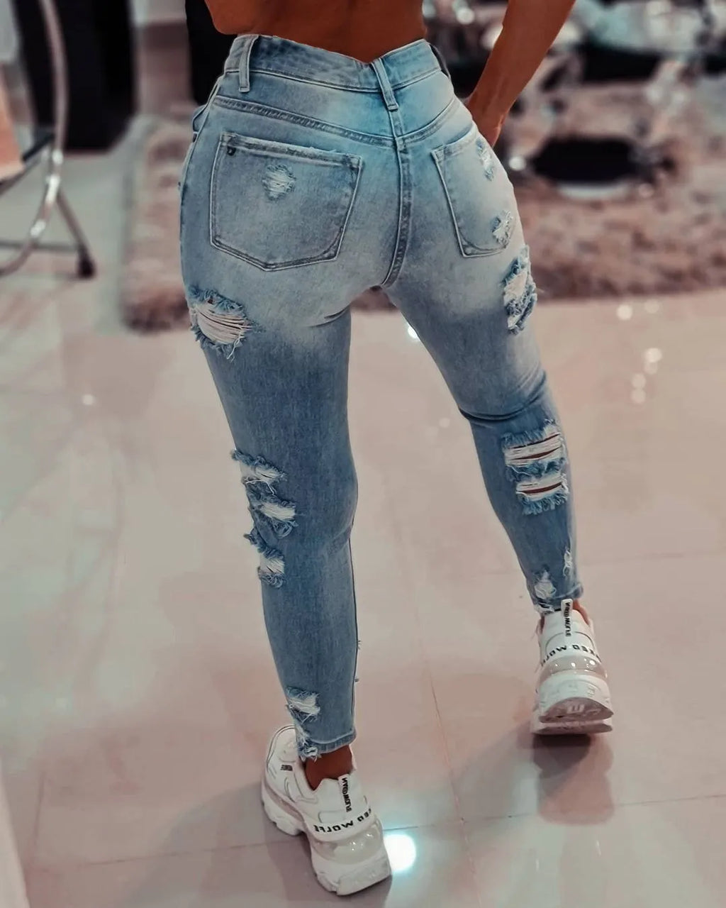 Women Light Wash High Waist Skinny Jeans with Heavy Distressed Ripped Design Casual Streetwear Denim Pants