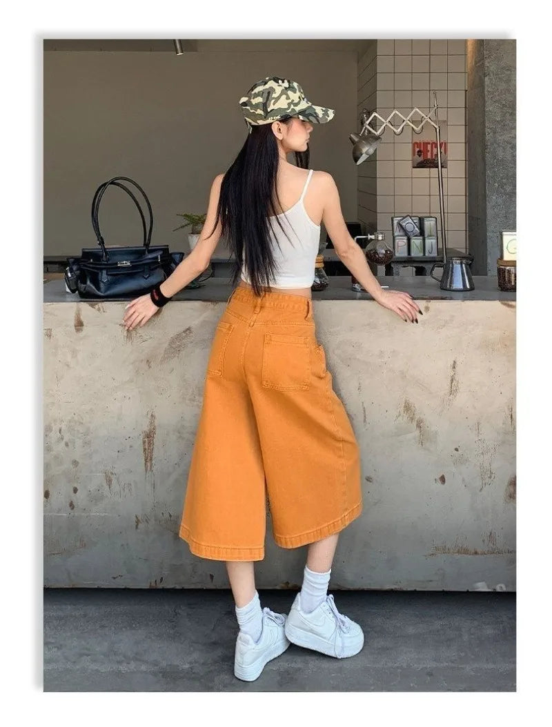 Retro High Waist Wide-leg Jeans Women Summer New Fashion Loose Straight Calf-Length Denim Pants Female Orange Whiter Cowboy Pant