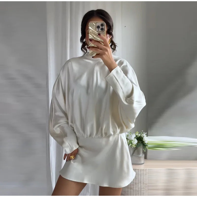 Elegant Satin Mini Dress For Women Fashion Scarf Collar Batwing Sleeve Waist Dress Lady 2025 Autumn Chic Party Evening Vestidos