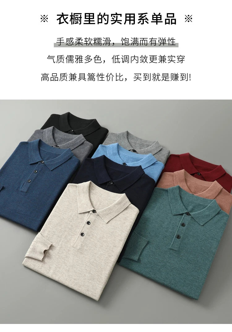 Men's Worsted Wool Kknit Pullover, Business Casual Polo Neck Sweater, Monochromatic Loose Top, Autumn and Winter Fashion, New