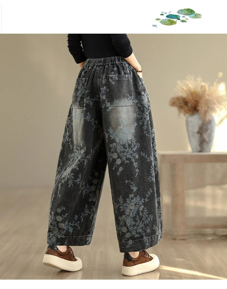 Spring Summer Retro Printed Denim Pants for Women Good Quality Elastic Waist Jeans Loose Casual Wide Leg Straight Trouser