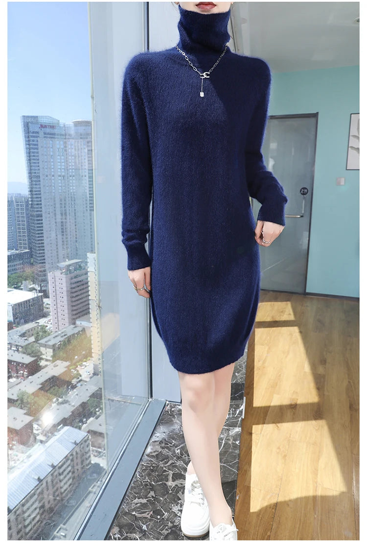 New Hot Selling 100% Mink Cashmere Knitted Women's High Neck Pullover Dress Sweater Slim Fit Solid Color Long Women's Dress
