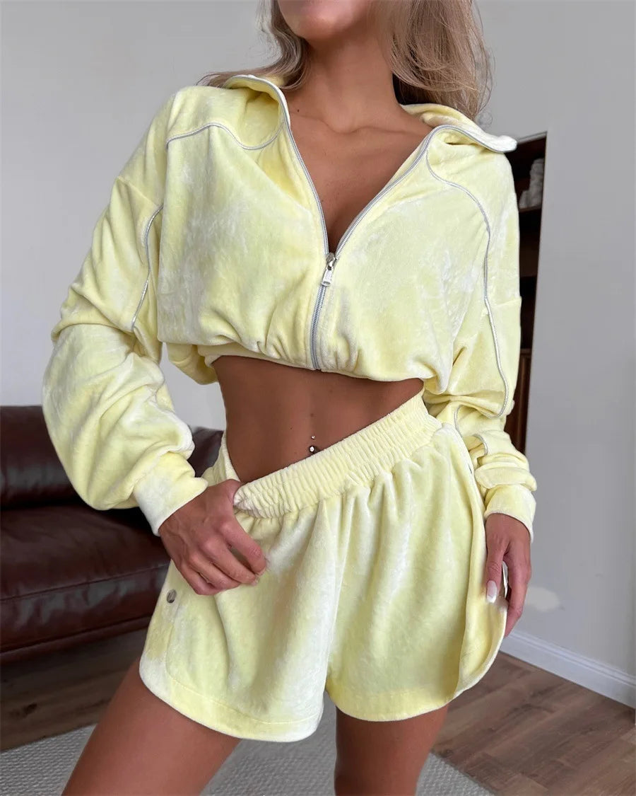 Summer Women Long Sleeved Zipper Two Piece Sets Top Elastic Shorts Outfits Fashion Striped Casual Suits Lapel Tracksuits 2026