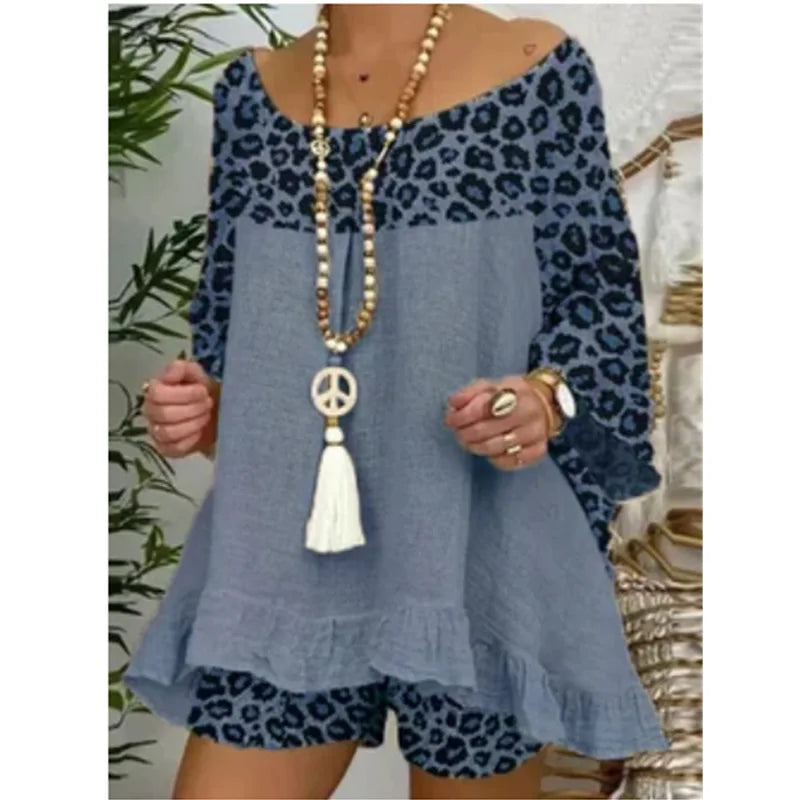 Linen Blouse Tops And Loose Shorts Suit Vintage Two Piece Set Print Sets Female Leopard Patchwork Outfit