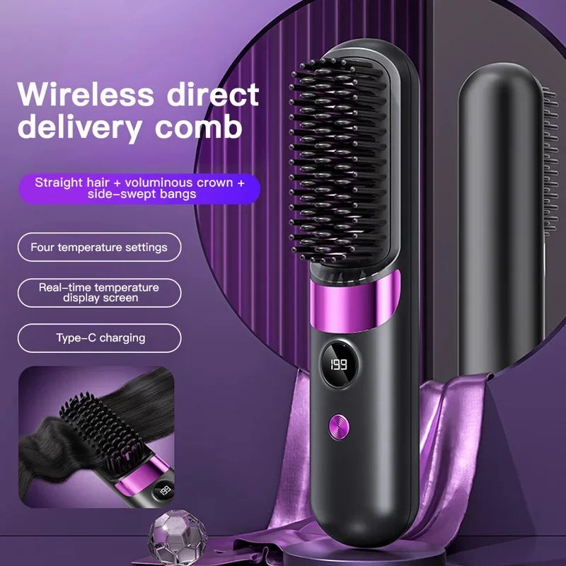 1Pc USB Charging Portable Hair Straightener Brush, Cordless Straightening Comb LED Display & Ceramic Coating, Ionic Technology