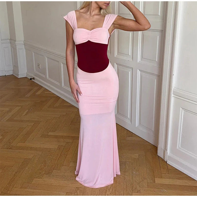  Women Sexy Color Blocking Halter Maxi Dresses Elegant Backless Off shoulder Sleeveless Slim Gowns 2026 New Lady Party Vestidos