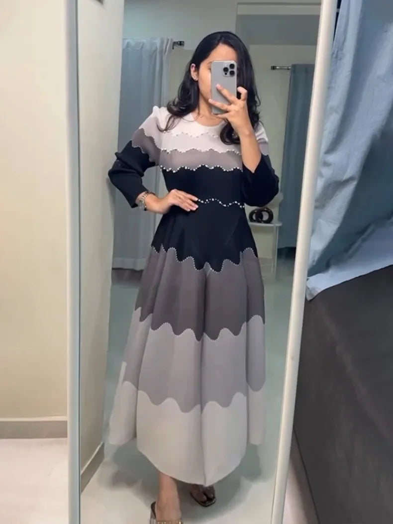 EGRM Pleated Party Dress Women's High Quality Beaded Color Block Long Sleeve Loose Fit Flared Maxi Evening Dresses 9R5303