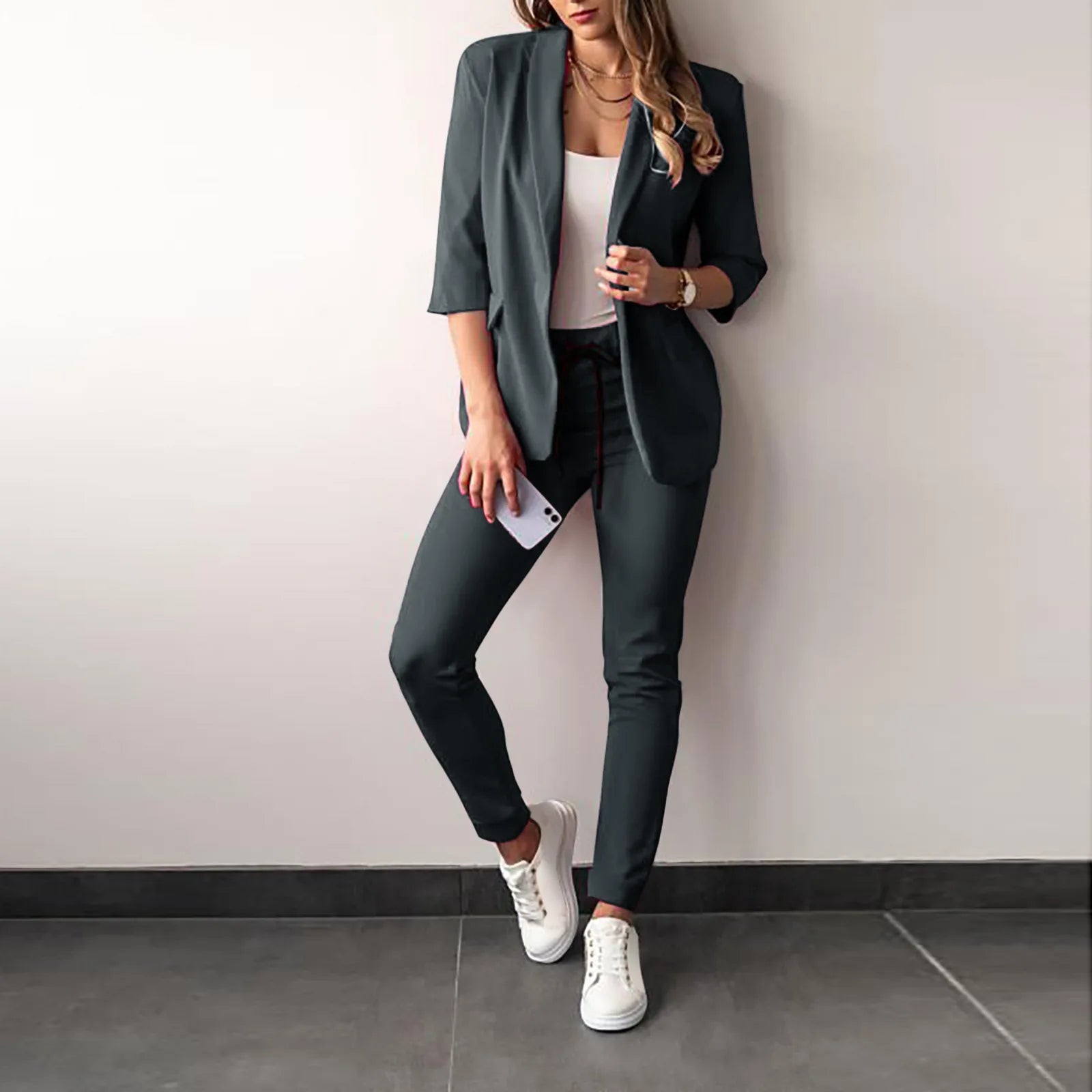 2024 Women's Two Piece Pant Suit Set Outfits Spring Autumn Turn Down Print Blazer Coat Drawstring Pants Suit Women Casual Sets