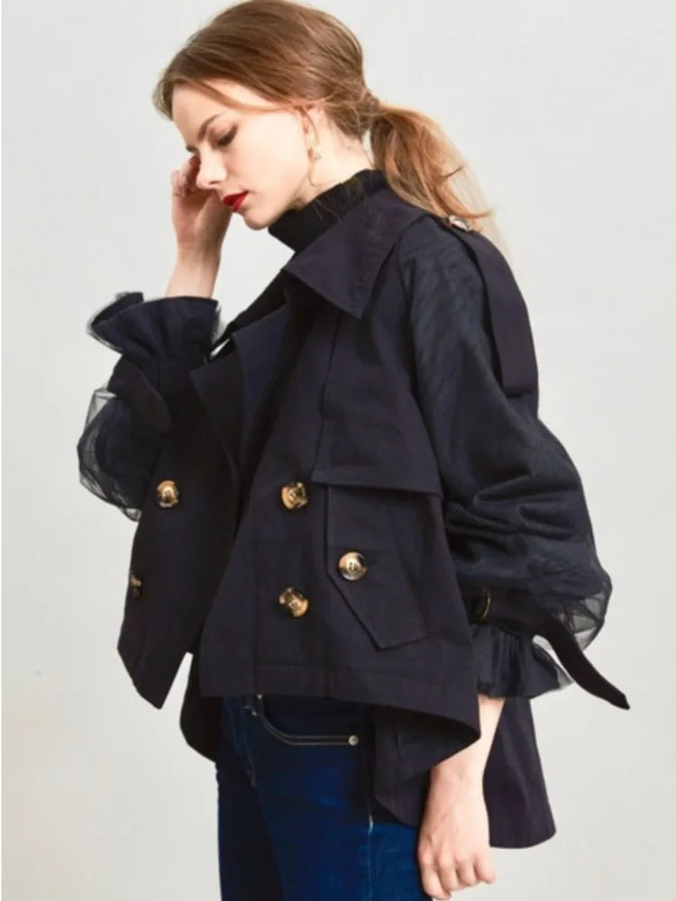 EAM Japanese Style Turn-Down Collar Double Breasted High-Low Hem Cropped Trench Coat Women's Jacket 2026 Autumn New