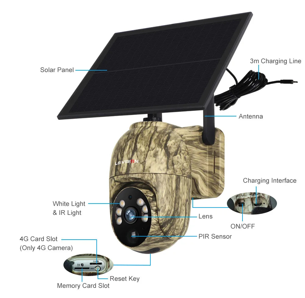 LS VISION 2K 4G Solar Security Cameras WIFI Wireless Outdoor 360° Live View Animal Monitoring Camouflage Color Battery PTZ Cam