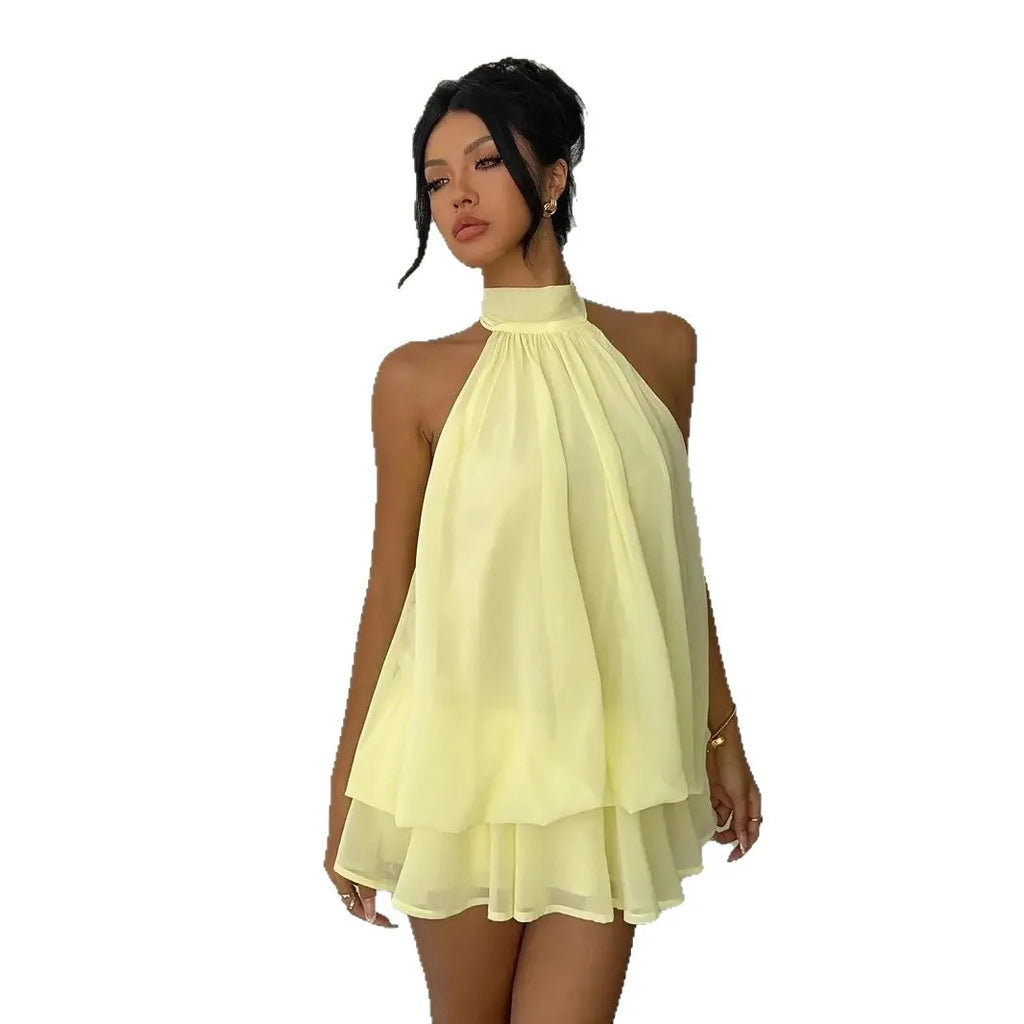 Women Halter Neck Backless Tie Mini Dress Summer Sleeveless Chiffon Ruffle Short Dresses Sexy Club Party Beach Vacation Outfit