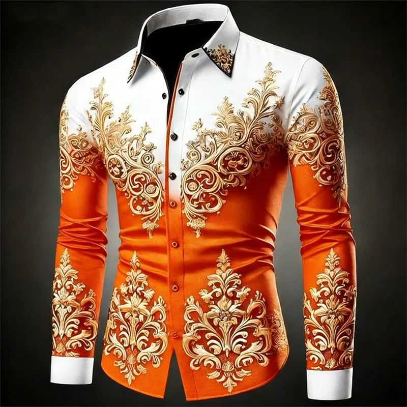 New 12 Color Men's Gold Exquisite Pattern Long-Sleeved Button Retro Floral 3D Printed Hawaiian Shirt Fashionable Shirt