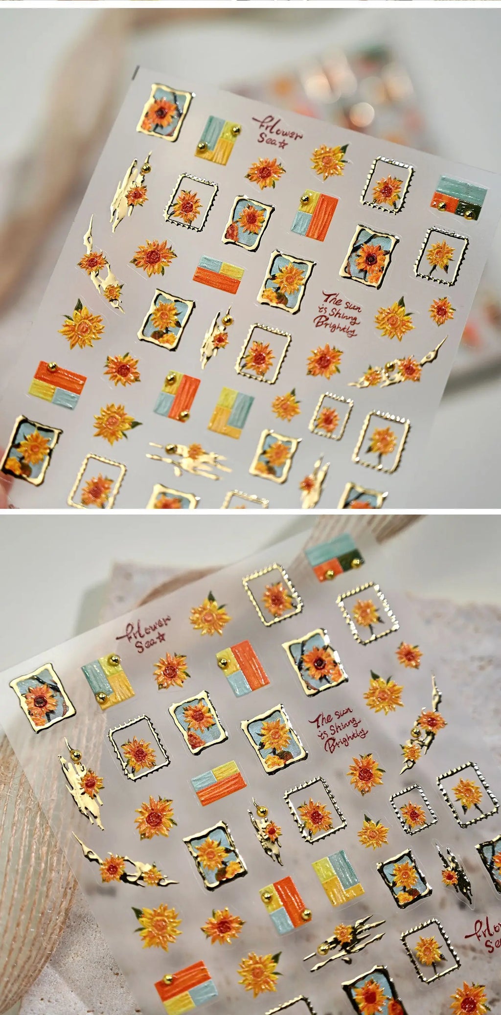 Gold Stamped Frame Oil Painting Style Sunflowers Metal Bead 3D Self Adhesive Nail Art Stickers Autumn Manicure Decals Wholesale
