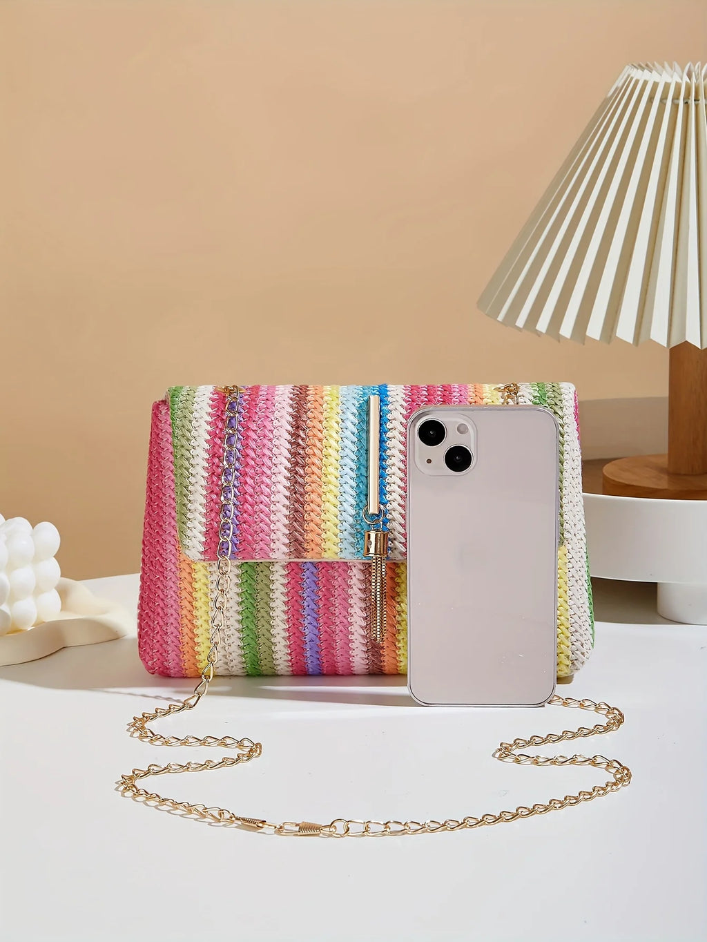 Chic Rainbow Stripe Straw Crossbody Bag for Women Adjustable Shoulder Strap Magnetic Closure Tassel Accent, Fashion Square Purse