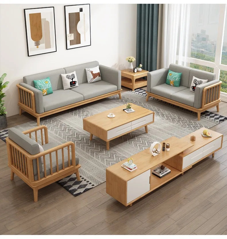 Solid wood fabric sofa Small apartment living room sofa combination Log wind Japanese sofa