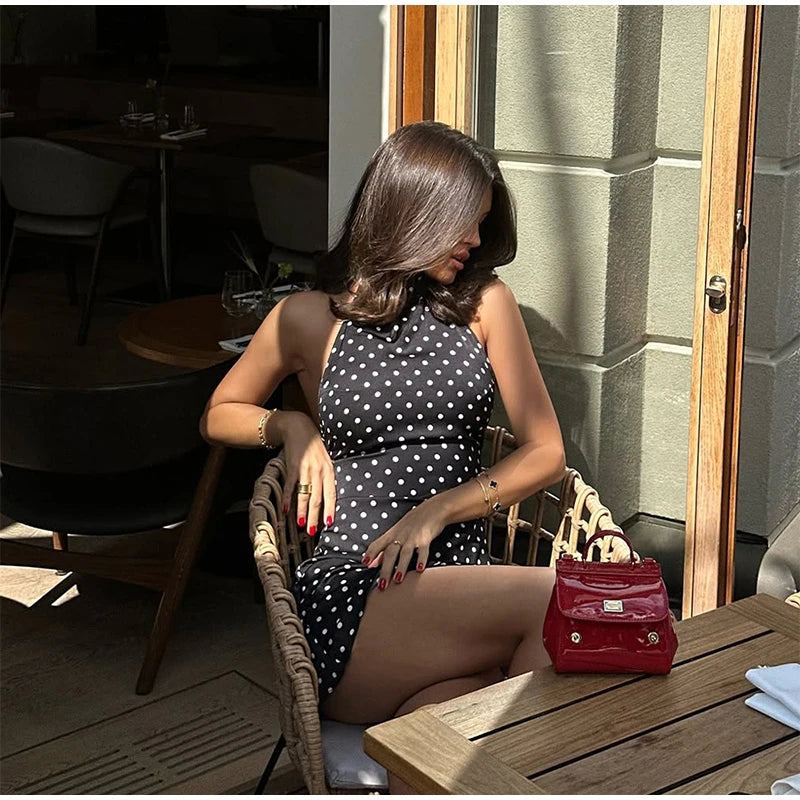Polka Dots Print Halter Lace-up Dress Women's Sexy Backless Sleeveless Mini Dresses 2026 Spring New Female Fashion Street Robes