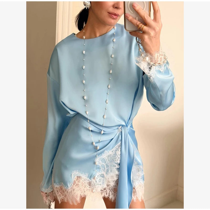Satin Lace Patchwork Dress Women Long Sleeve O-neck Casual 2026 Spring Female Dresses Casual Solid Beach Robe Not Contain Pearls