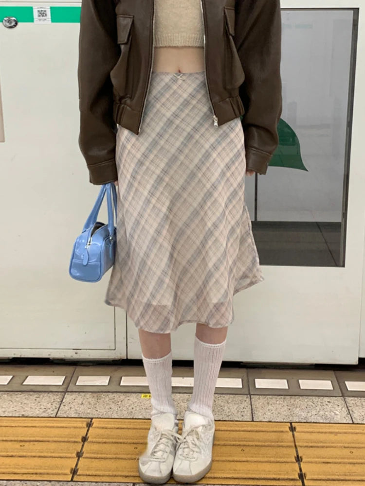 2026 Summer Vintage Midi Plaid Striped Print Skirts Women Sweet Loose Pleated Ladies Skirt High Waist Korean Style Woman Skirts