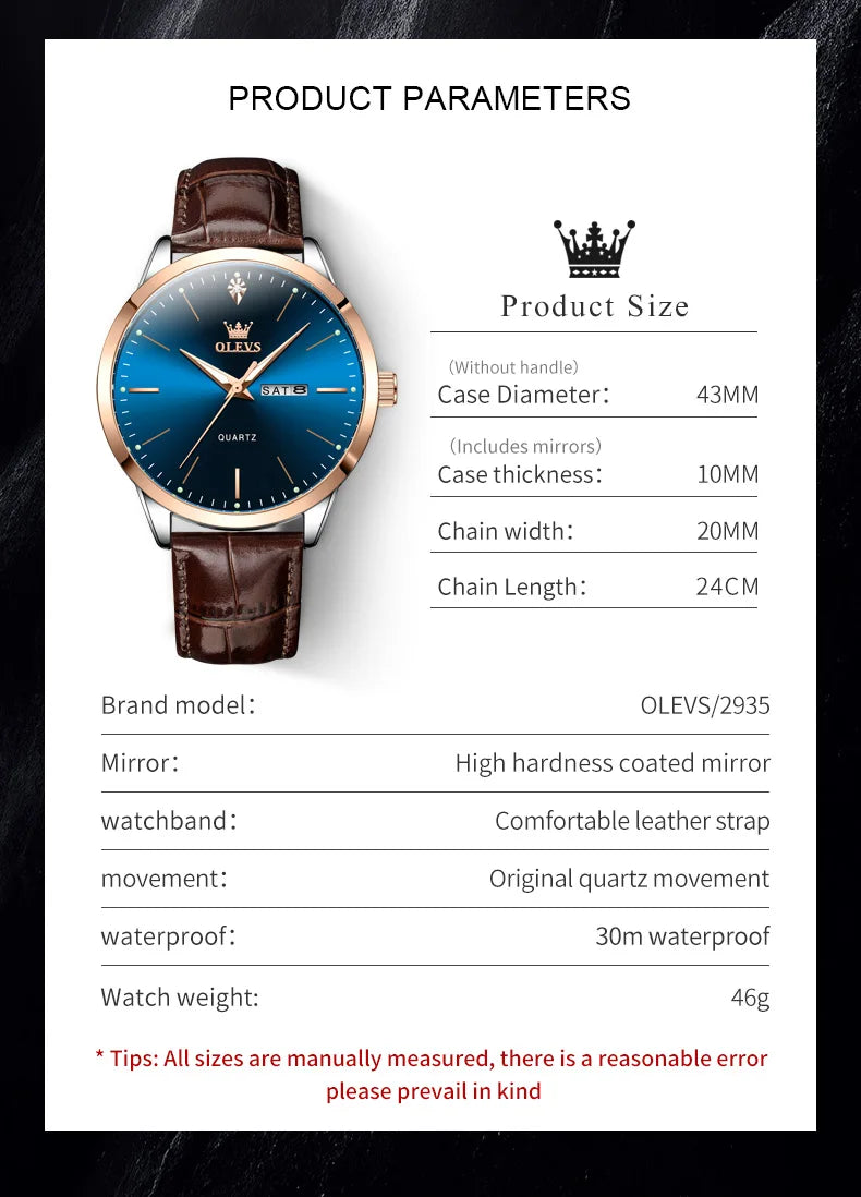 OLEVS 2935 Business Casual Men's Watch Waterproof Leather Strap Luxury Brand Date Week Temperament Trend Quartz Men's Watch