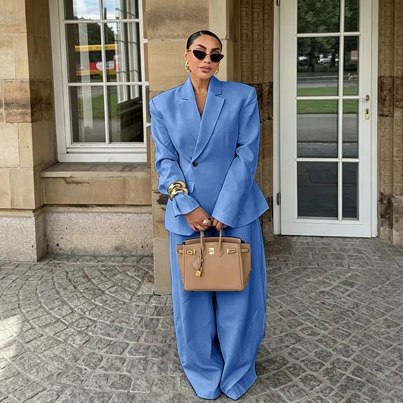 Chic White Wide-leg Pant Single Breasted Women Pants Set New Female Two Pieces(Blazer+Trousers) Conjuntos Femininos Elegantes