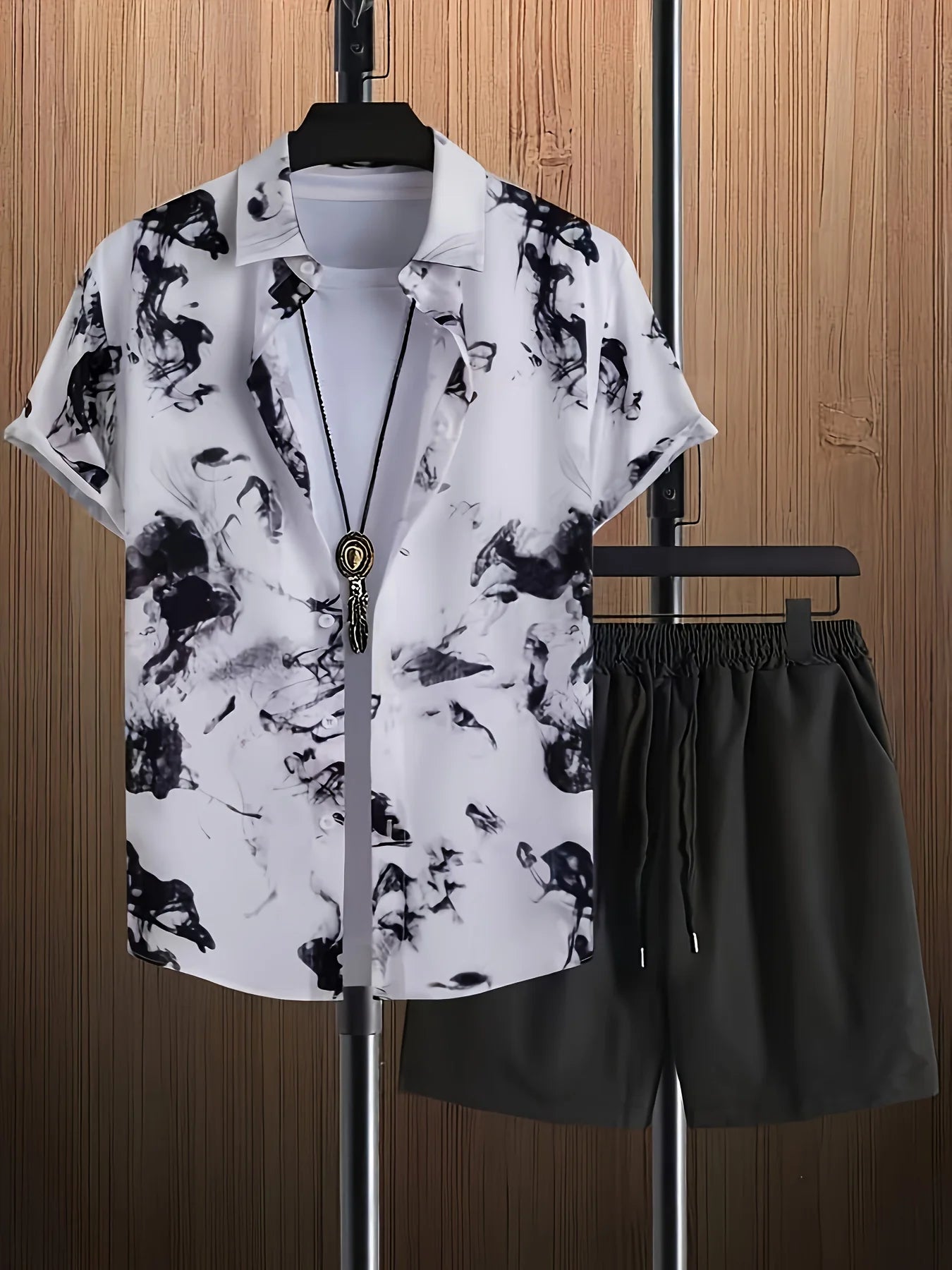 Hawaiian Shirt 3D Coconut Tree Print Short-Sleeve Shirt + Shorts Two-Piece Set Casual Beach Vacation Outfit Men's Clothing