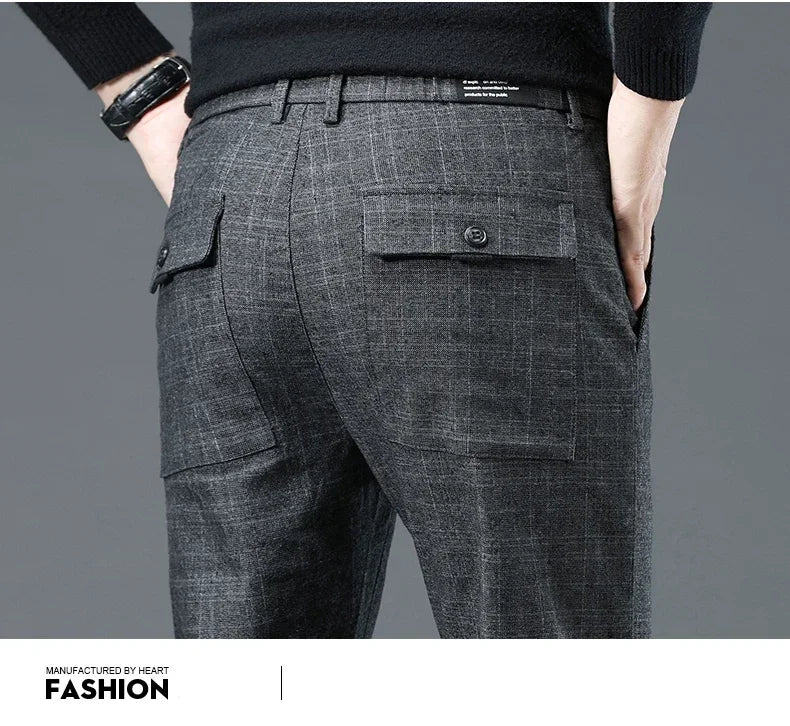 Business Men Pants Spring Autumn Korea Cotton Comfortable Elastic Plaid Casual Fashion Trousers Male Clothing Suit Pant