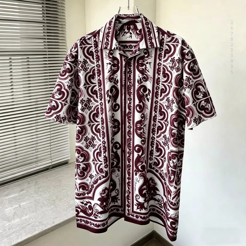 Men's shirts, summer Baroque printed shirts, loose oversized retro short sleeved shirts, vacation style versatile men's tops