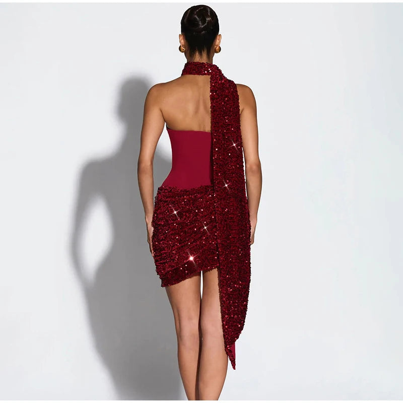 Sexy Sequin Patchwork Scarf Collar Dress Women Fashion Strapless Backless Bodycon Mini Dresses 2026 Lady Party Evening Gown