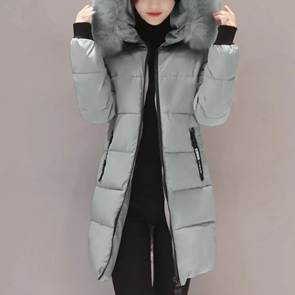 Fashion Women Winter Cotton Coat Parka Thickened Padded Stuffed Hooded Mid Length Warm Zip Up Slim Lady Down Coat Long Overcoat