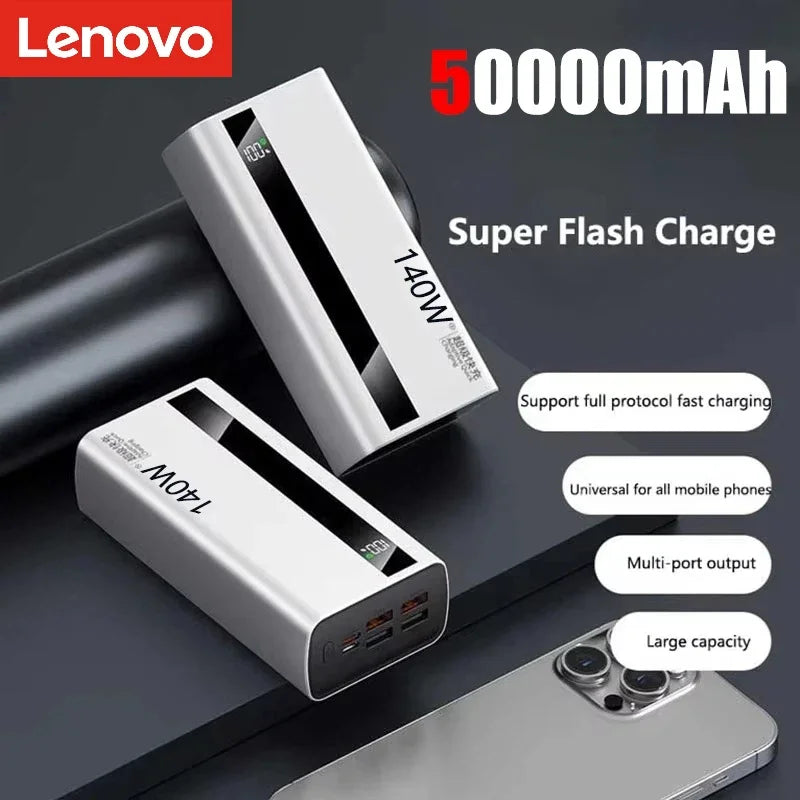 Lenovo CCC 500000mAh Power bank 140W Super Fast Charging Portable Battery Charger Ultra Capacity LED Digital Display For Xiaomi