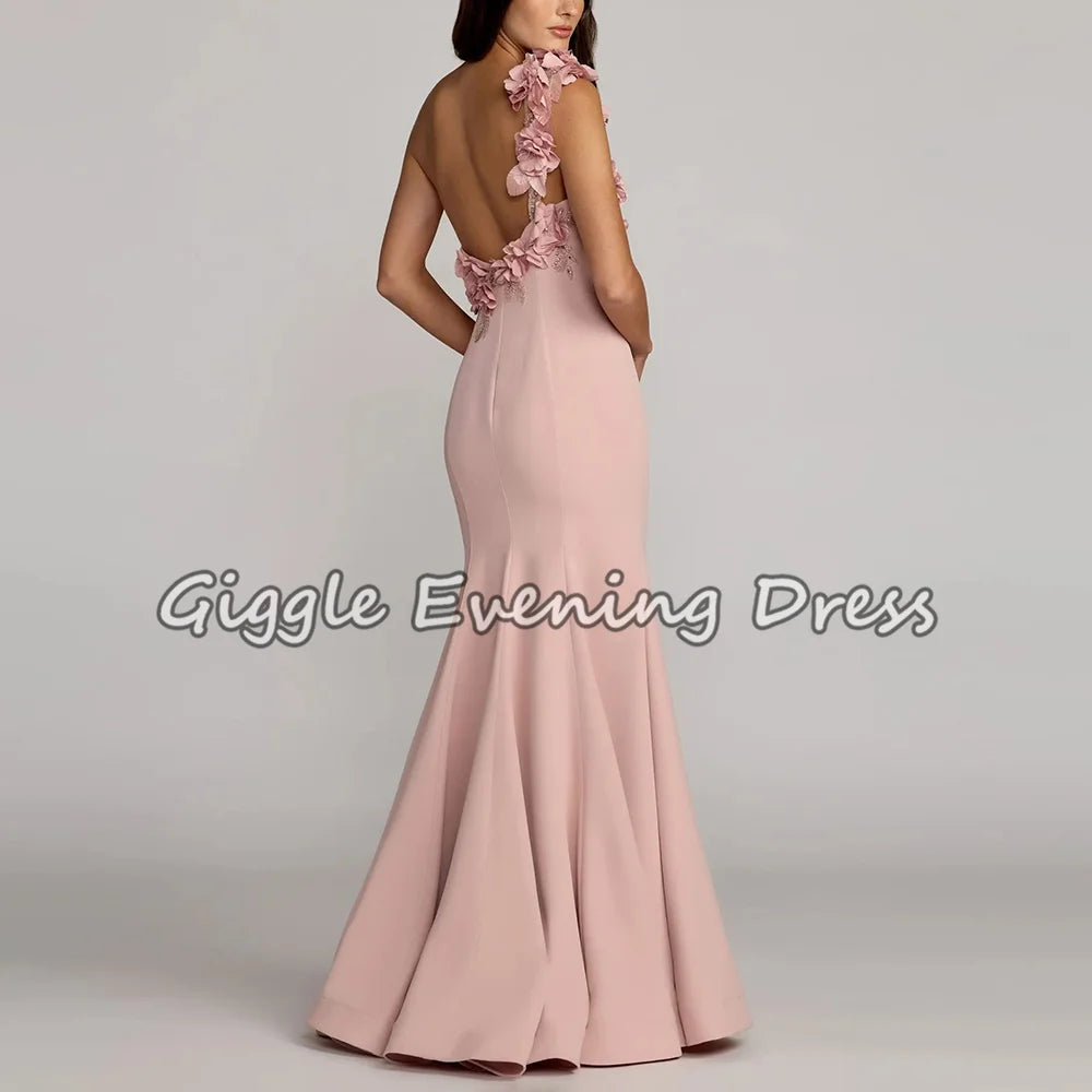 Elegant Women's Formal Evening Dresses Exquisite Beading Handmade Flowers One-Shoulder Mermaid Crepe Long Prom Party Gowns