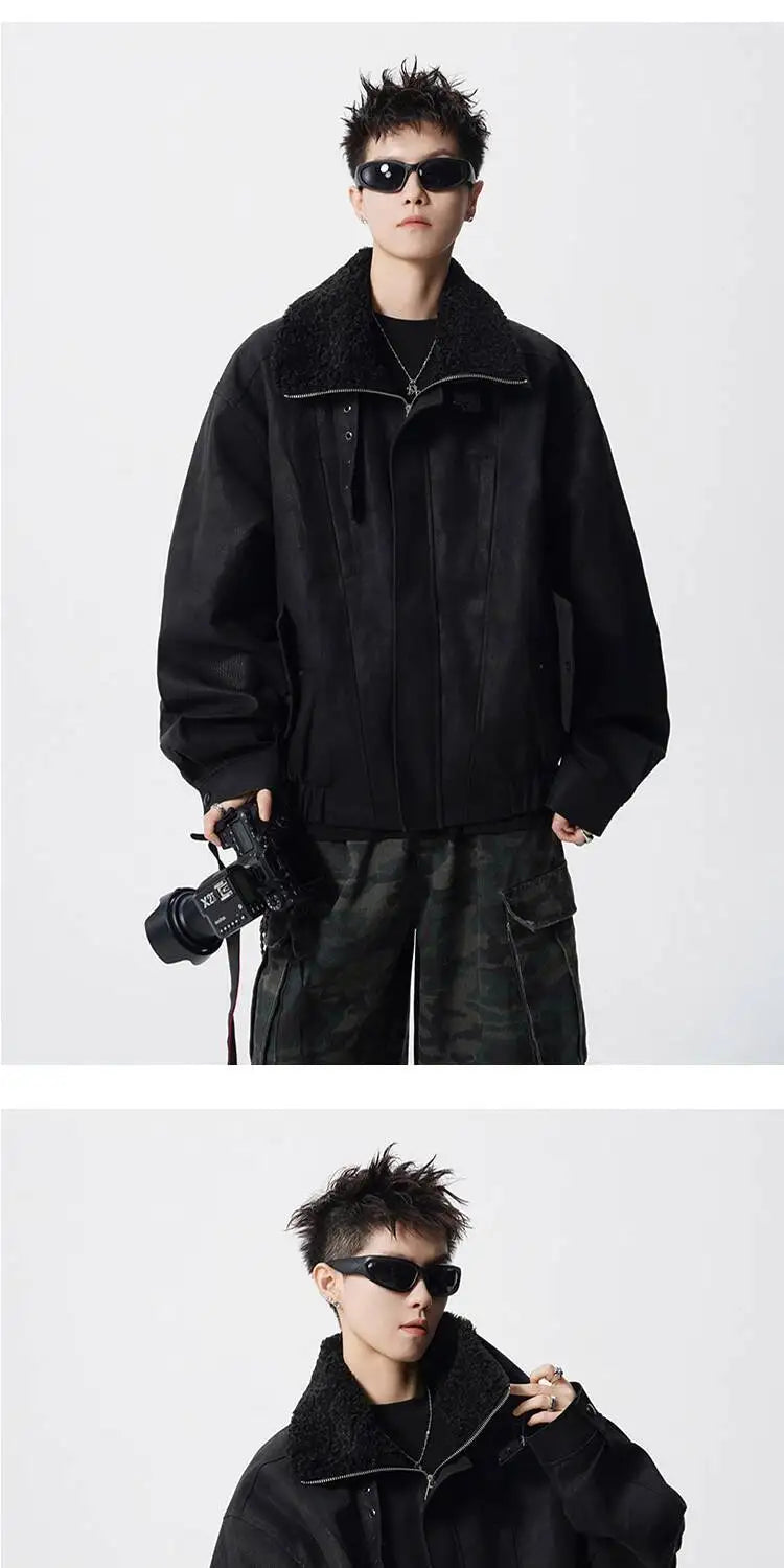 WTHT Fashion Men‘s Plush Spliced Thicken Design Loose Coats Trendy 2025 Autumn Solid Color Laple Casual Jackets Male 2A2218