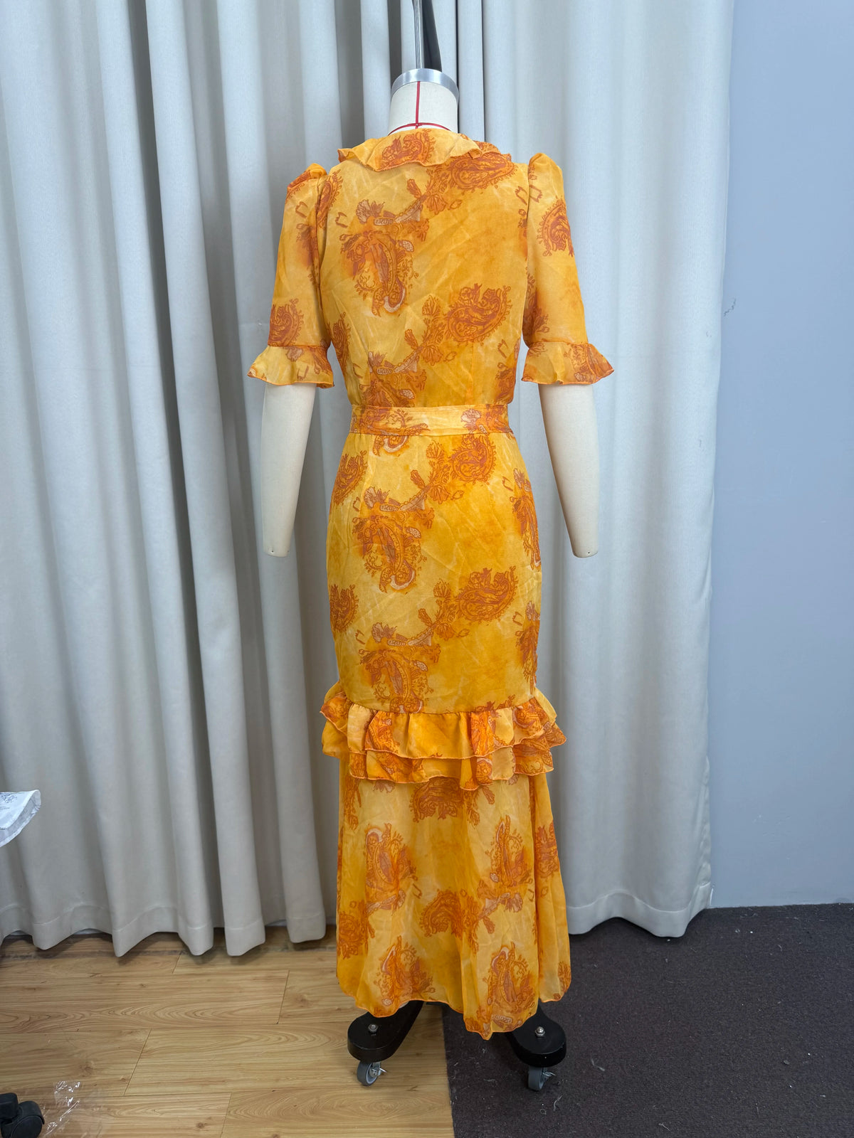 Organza Floral Printed Maxi Dress Women V Neck High Split Puff Sleeve Waist Cinching Ruffle Long Dresses Vacation Summer Outfits