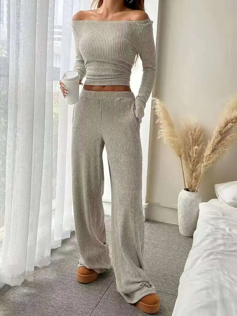 Off Shoulder Ribbed Two Piece Outfit Women Long Sleeve Crop Top Wide Leg Pants Set