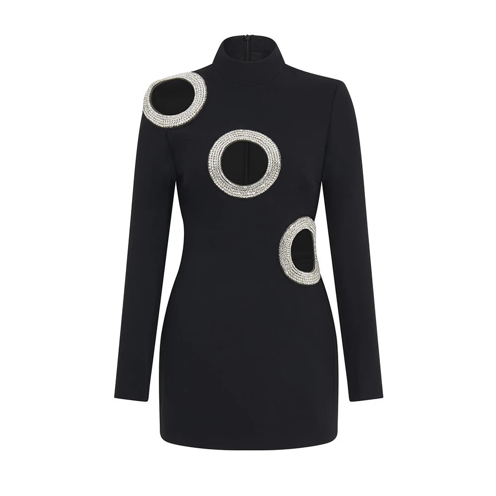 Women Sexy Hollow Out Beading Bandages Dress Long Sleeve Bodycon Clothes Club Party Celebrity Mini Dresses