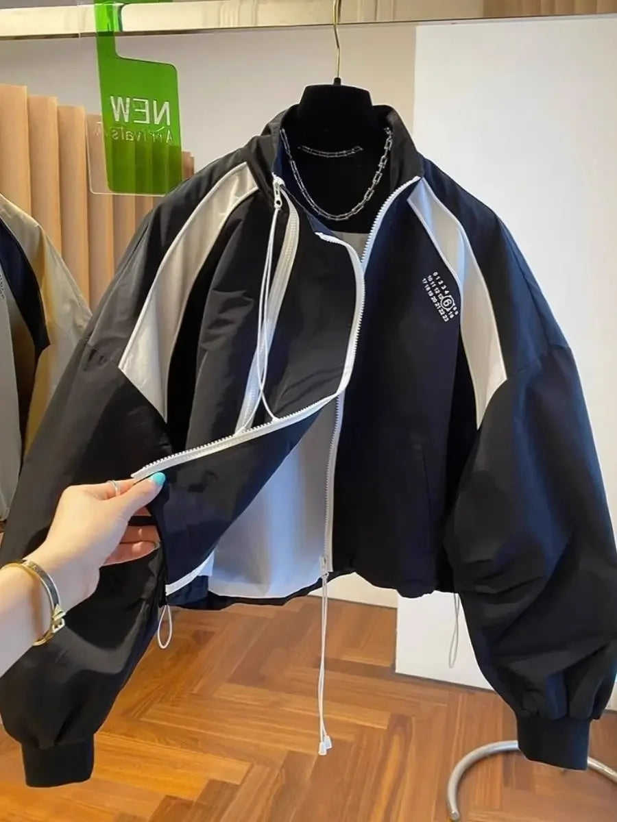 Retro Street INS Style Double Zipper Women's Stand Up Collar Jacket Spring and Autumn Casual Loose Y2k Long Sleeve Top Coat