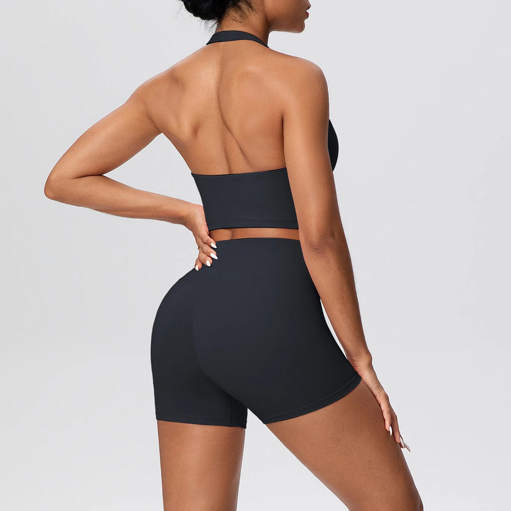New solid-color double-sided brushed tight-fitting neckless short pants yoga set for exercise, running and fitness two-piece set