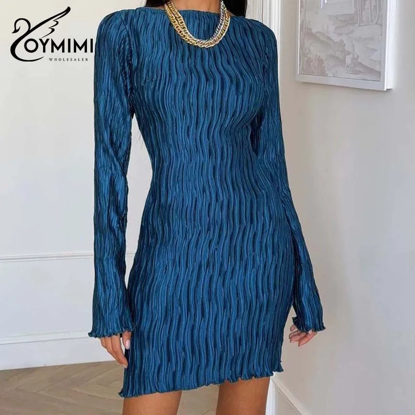 Oymimi Elegant Brown Pleated Women's Dress Fashion O-Neck Long Sleeve Slim Dresses Casual Straight Mini Dresses Female Clothing