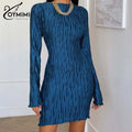 Oymimi Elegant Brown Pleated Women's Dress Fashion O-Neck Long Sleeve Slim Dresses Casual Straight Mini Dresses Female Clothing