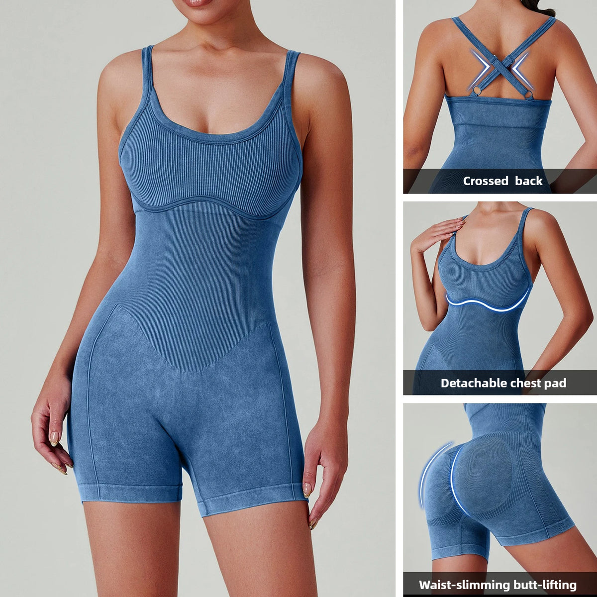 Seamless Shorts Gym Set Women Jumpsuit Yoga Set Water-washed 1pc Summer Workout Suit Bodysuit Fitness Push Up Short Sport Set