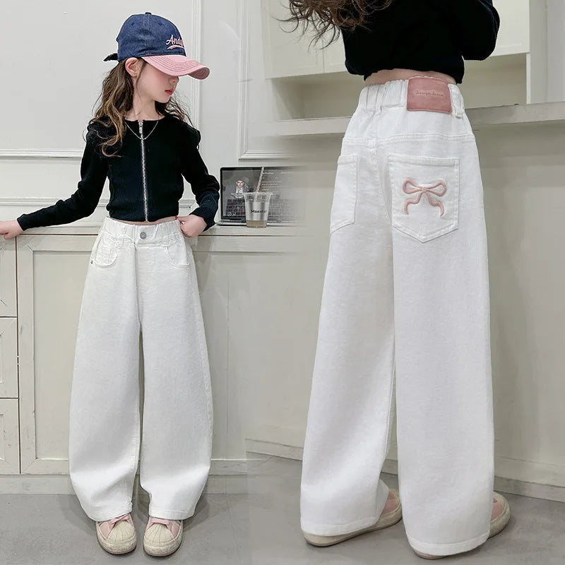 Children Vintage White Straight Jeans with Bows For Girls New Spring Slim Loose Denim Pants Kids Teenager Casual Jeans Trousers