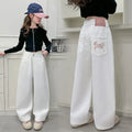 Children Vintage White Straight Jeans with Bows For Girls New Spring Slim Loose Denim Pants Kids Teenager Casual Jeans Trousers