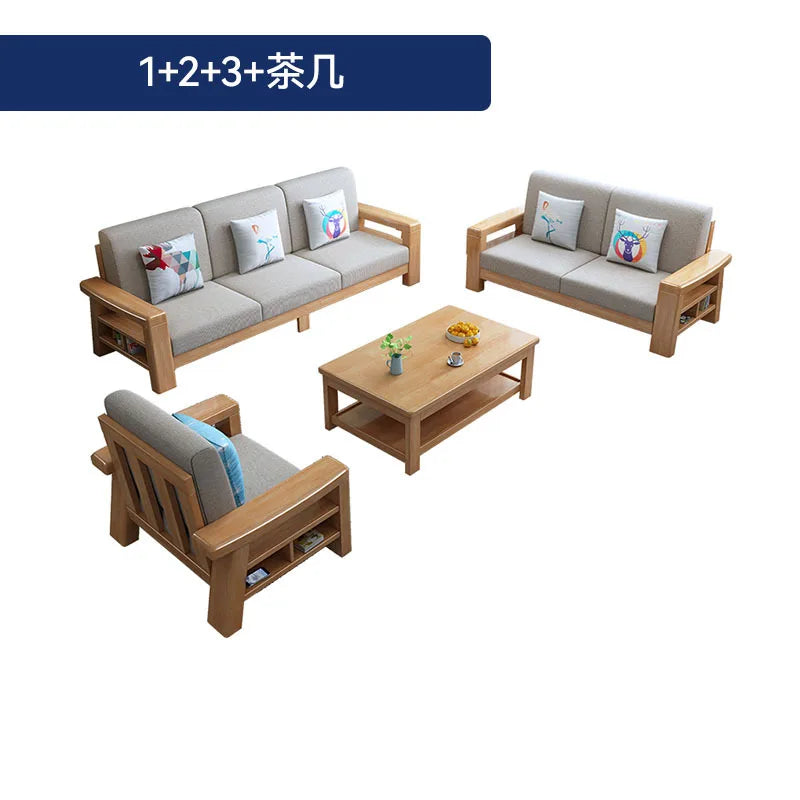 Nordic solid wood three-person sofa, modern simple fabric, small apartment concubine coffee table combination furniture