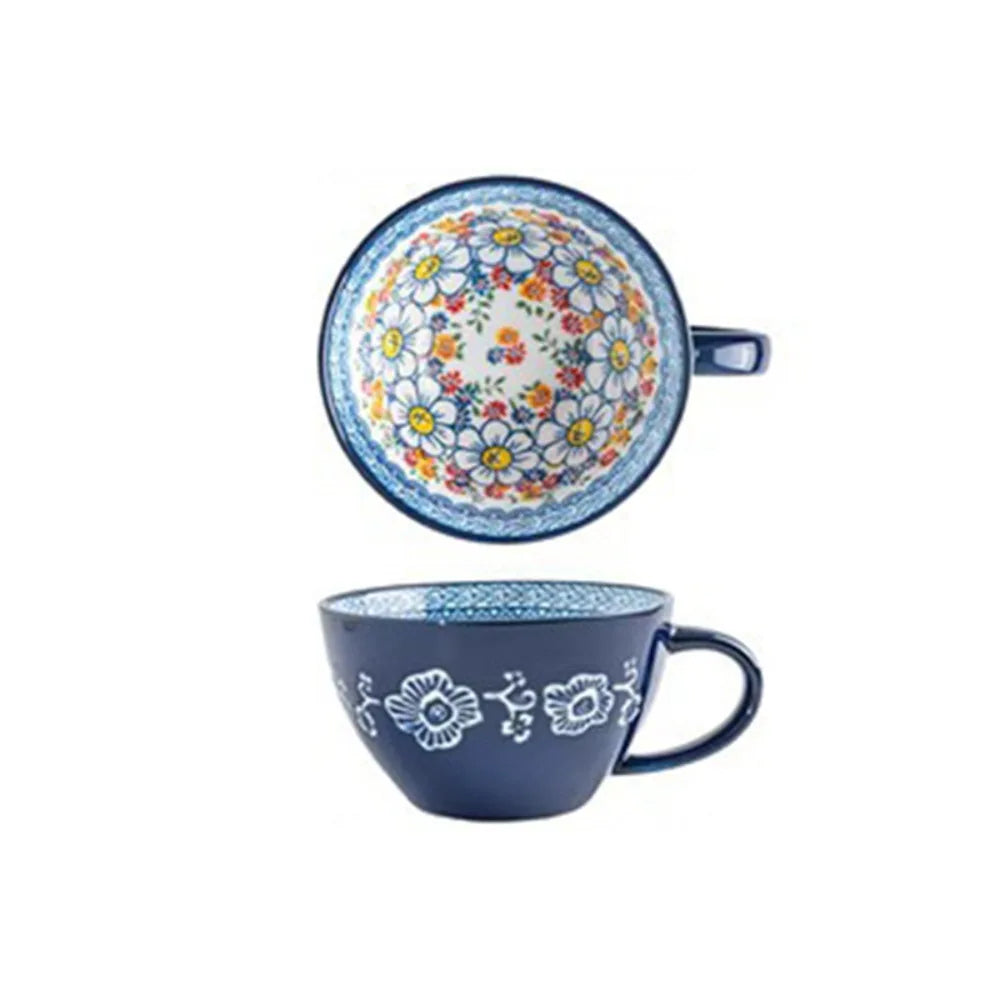 Creative Ceramic Bohemian Breakfast Cup Retro Flower Pattern Coffee Mug Microwaveable Large Capacity Milk Cup Friend Gift