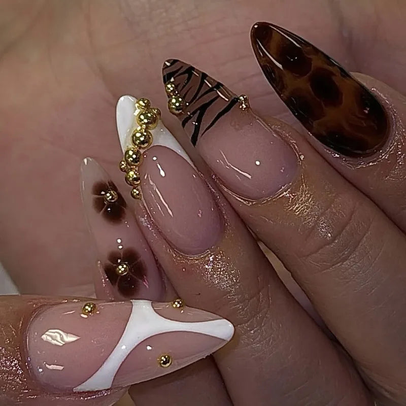 24PCS French Leopard Print Press on Nails Autumn Golden Pearl Brown Flowers Almond False Nails for Women Wearable Nail Manicure