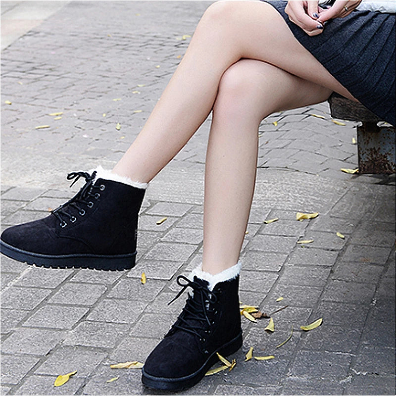 BCEBYL Autumn and Winter Fashion New Casual Comfortable Plus Velvet Warm Solid Color Cross Belt Round Toe Women's Short Boots