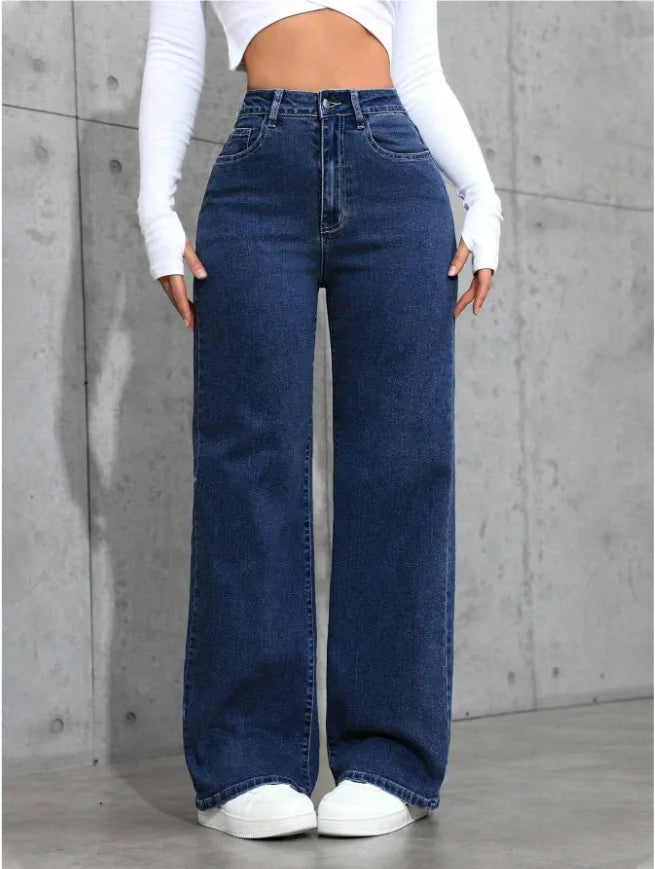 High-Waisted Straight-Leg Jeans Women's Pants Loose Fit American Blue Washed Fashion with Front & Back Pockets Daily Casual Wear