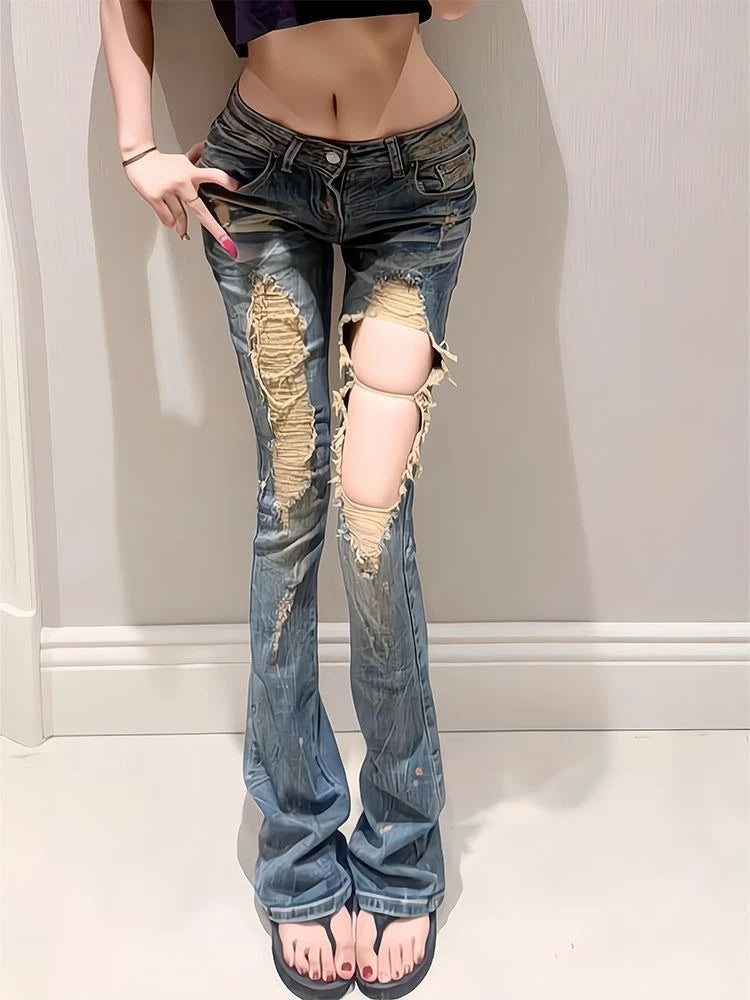 American Vintage Washed Distressed Jeans Full Length Women Streetwear Y2k Retro Low Rise Long Denim Pants Bodycon Hot Girl