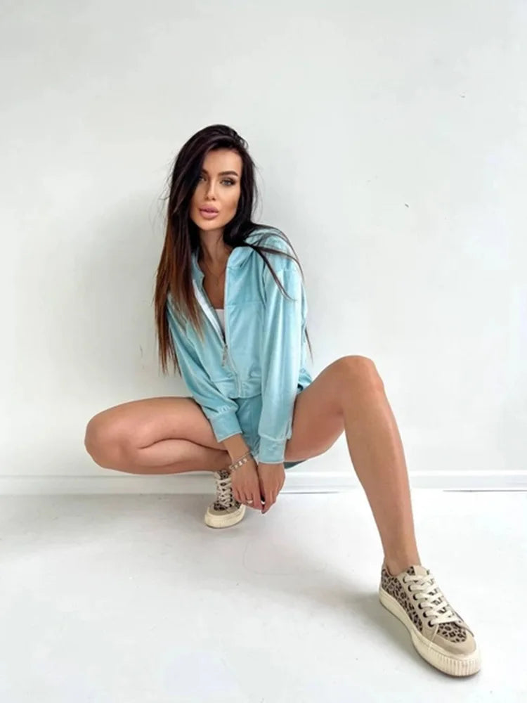 2025 Casual Women's Wear, Zipper Cardigan Long Sleeve Drawstring and Shorts Set, Hoodie Fashion Split Shorts Two-Piece Set