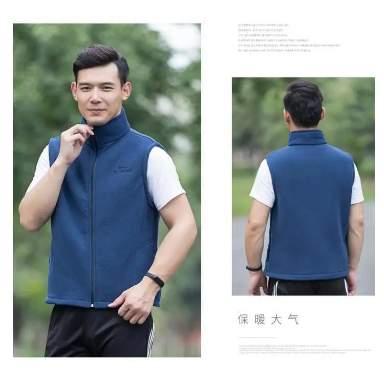 Men's Embroidery Vest Waistcoat Standing Collar Double-sided Fleece Warm Sleeveless Pocket Vest Outdoor Windproof Mens Jacket